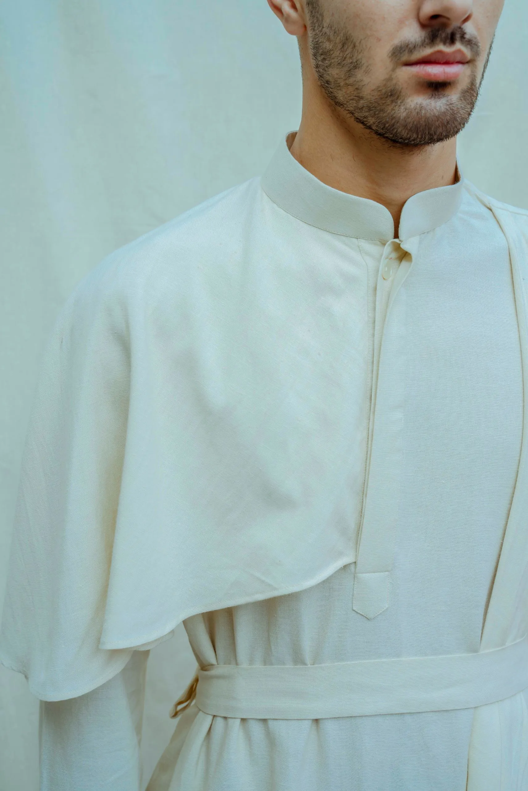 Cotton X Linen Off-White Cape Style Kurta Set
