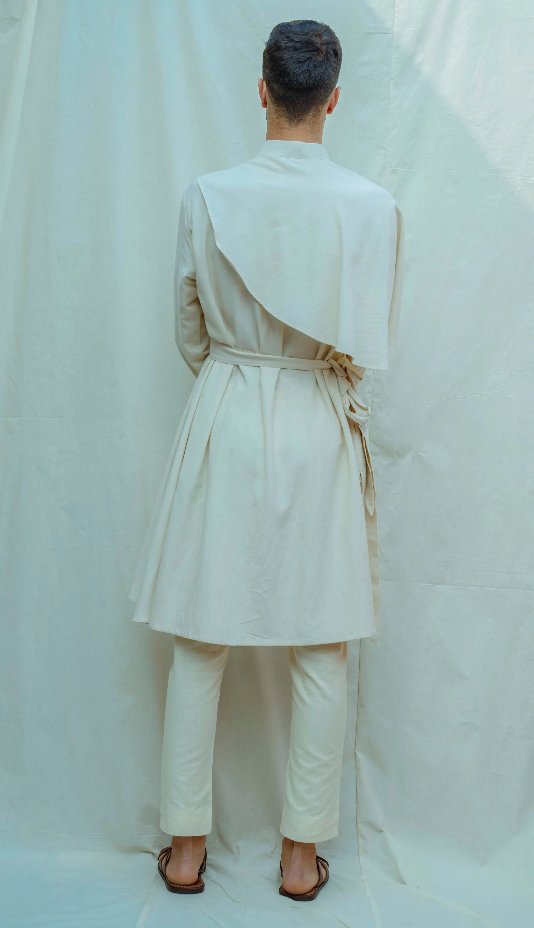Cotton X Linen Off-White Cape Style Kurta Set