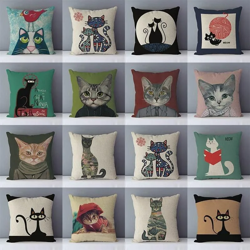 Couch cushion Cartoon cat printed quality cotton linen home decorative pillows kids bedroom Decor pillowcase