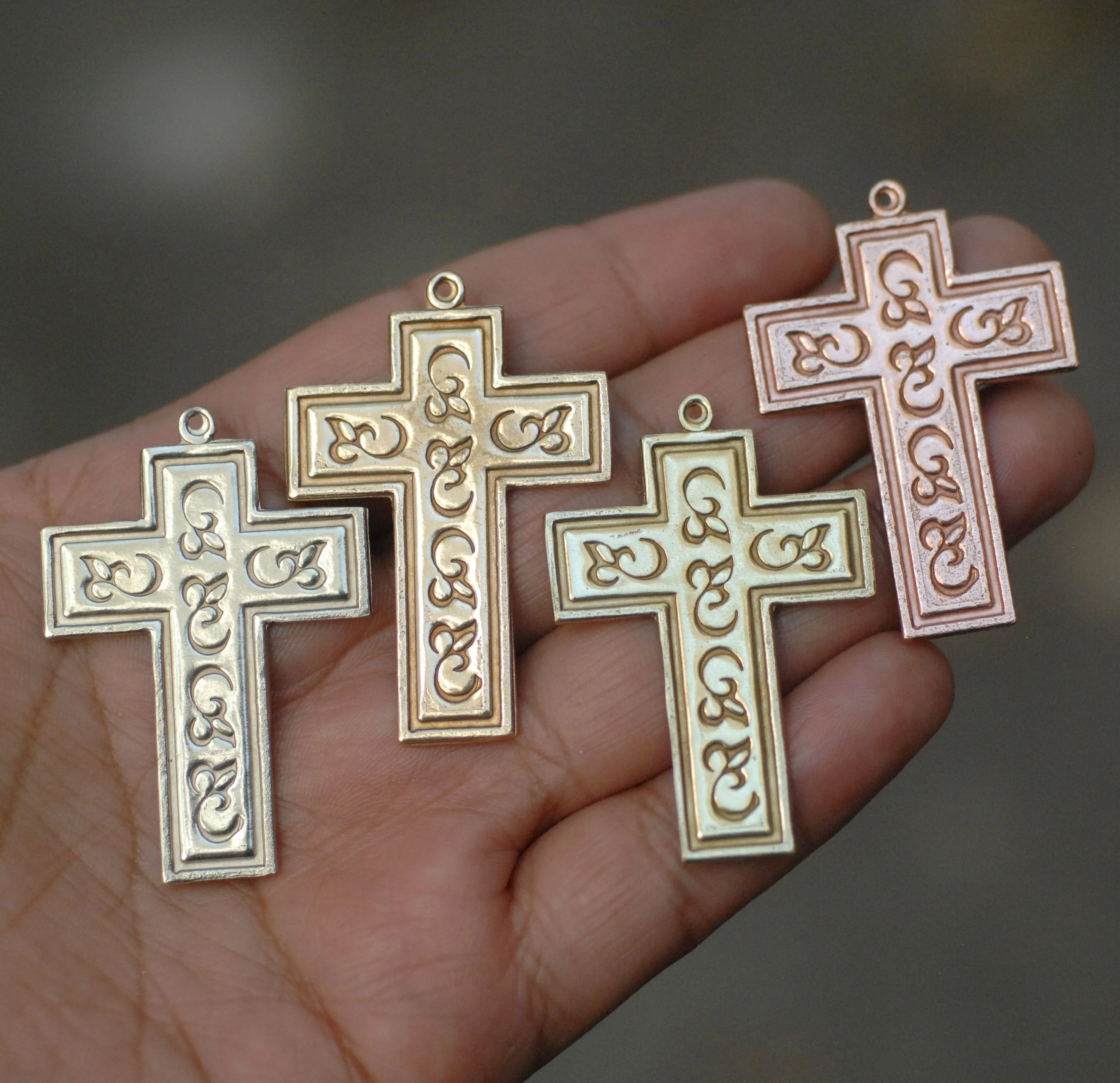 Cross shape Pendants for making jewelry, decorated with pattern and border, copper, brass, bronze, nickel silver