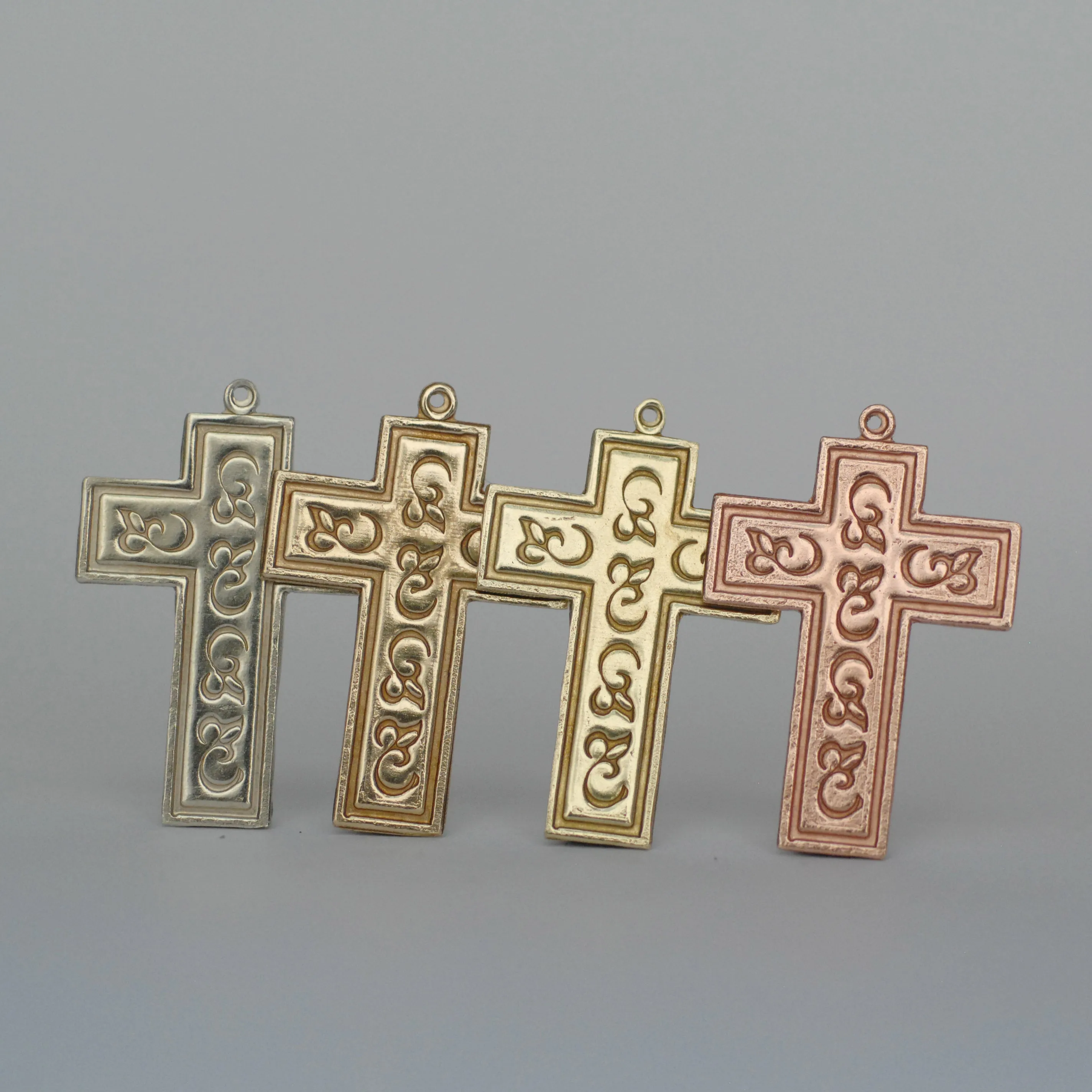 Cross shape Pendants for making jewelry, decorated with pattern and border, copper, brass, bronze, nickel silver