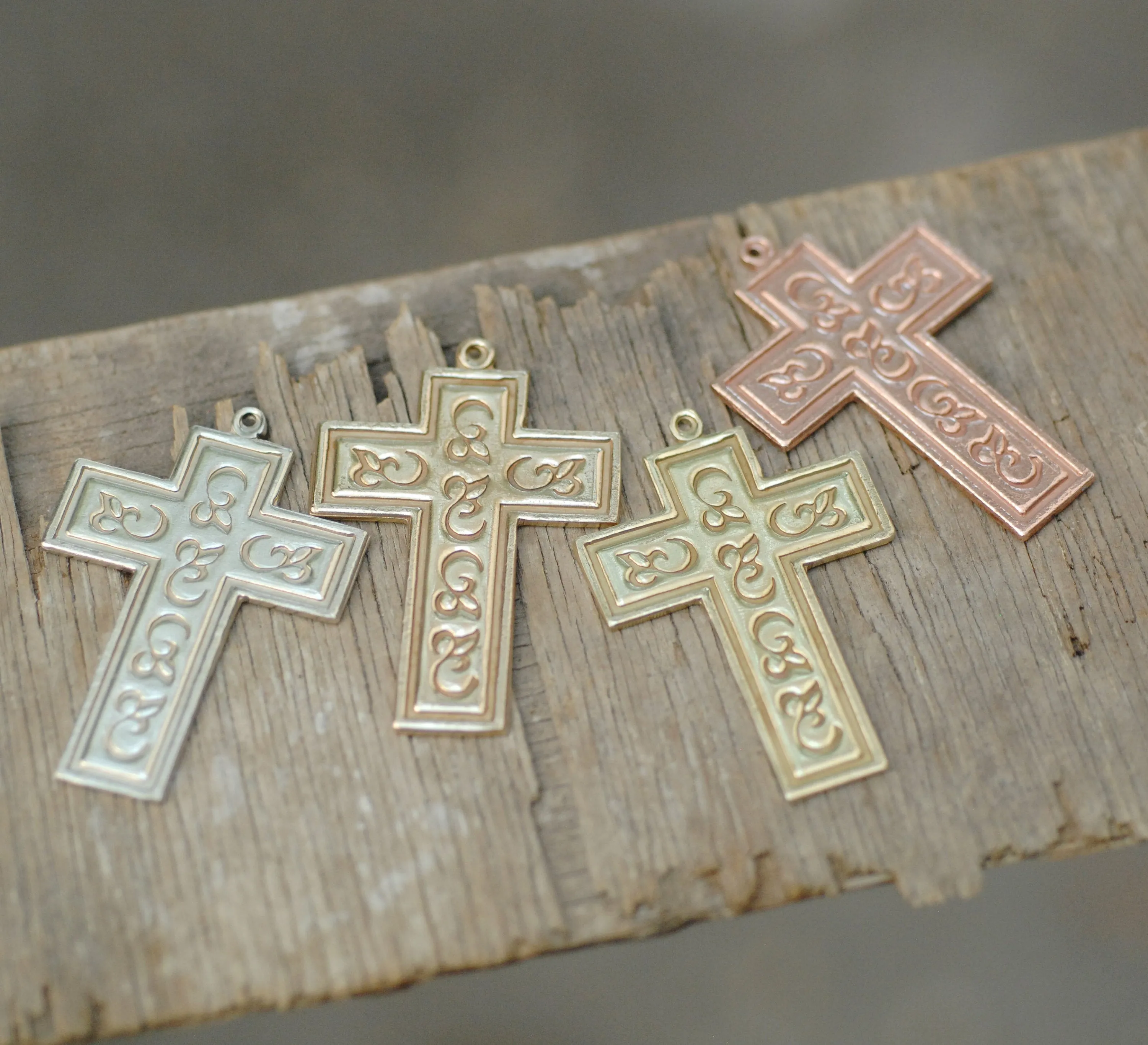 Cross shape Pendants for making jewelry, decorated with pattern and border, copper, brass, bronze, nickel silver