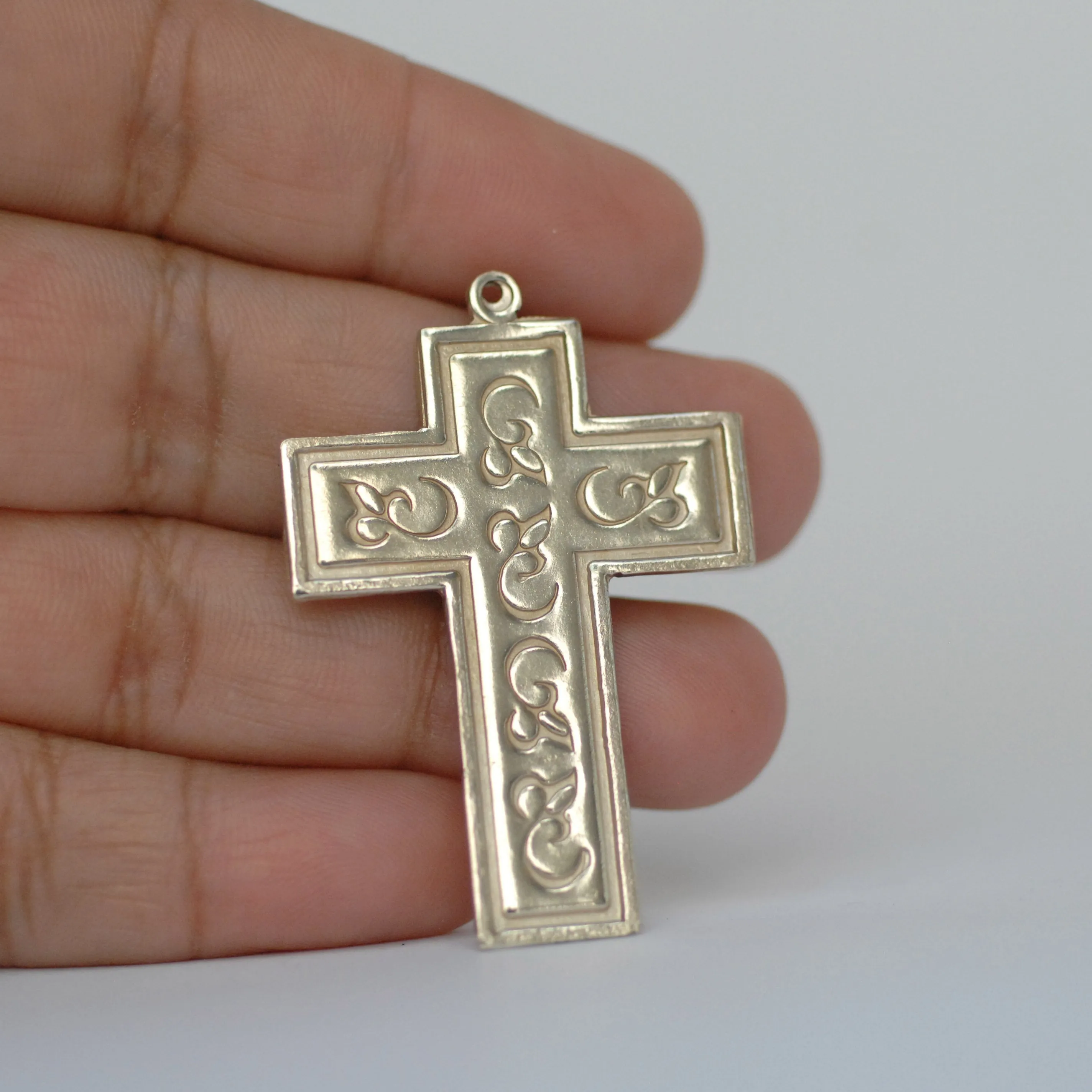 Cross shape Pendants for making jewelry, decorated with pattern and border, copper, brass, bronze, nickel silver
