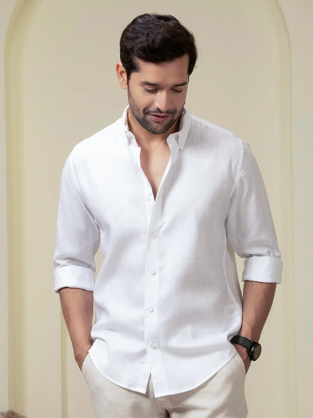 Crystal White Linen Blend Button Down Shirt