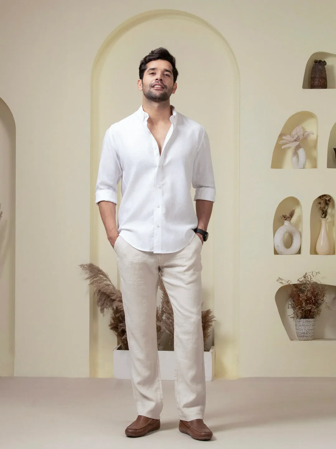 Crystal White Linen Blend Button Down Shirt