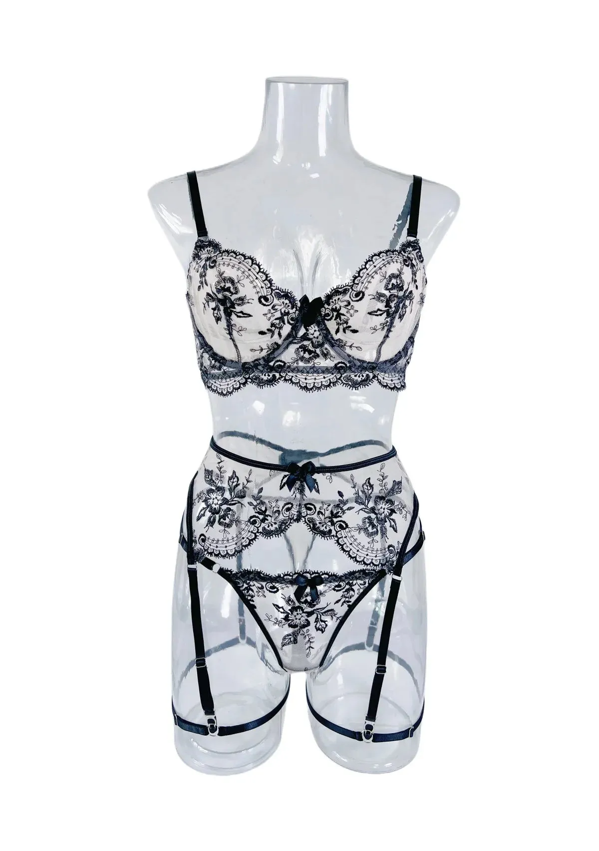 Delicate Lingerie Fancy Lace Underwear 3-Piece Transparent Bra And Panty Set