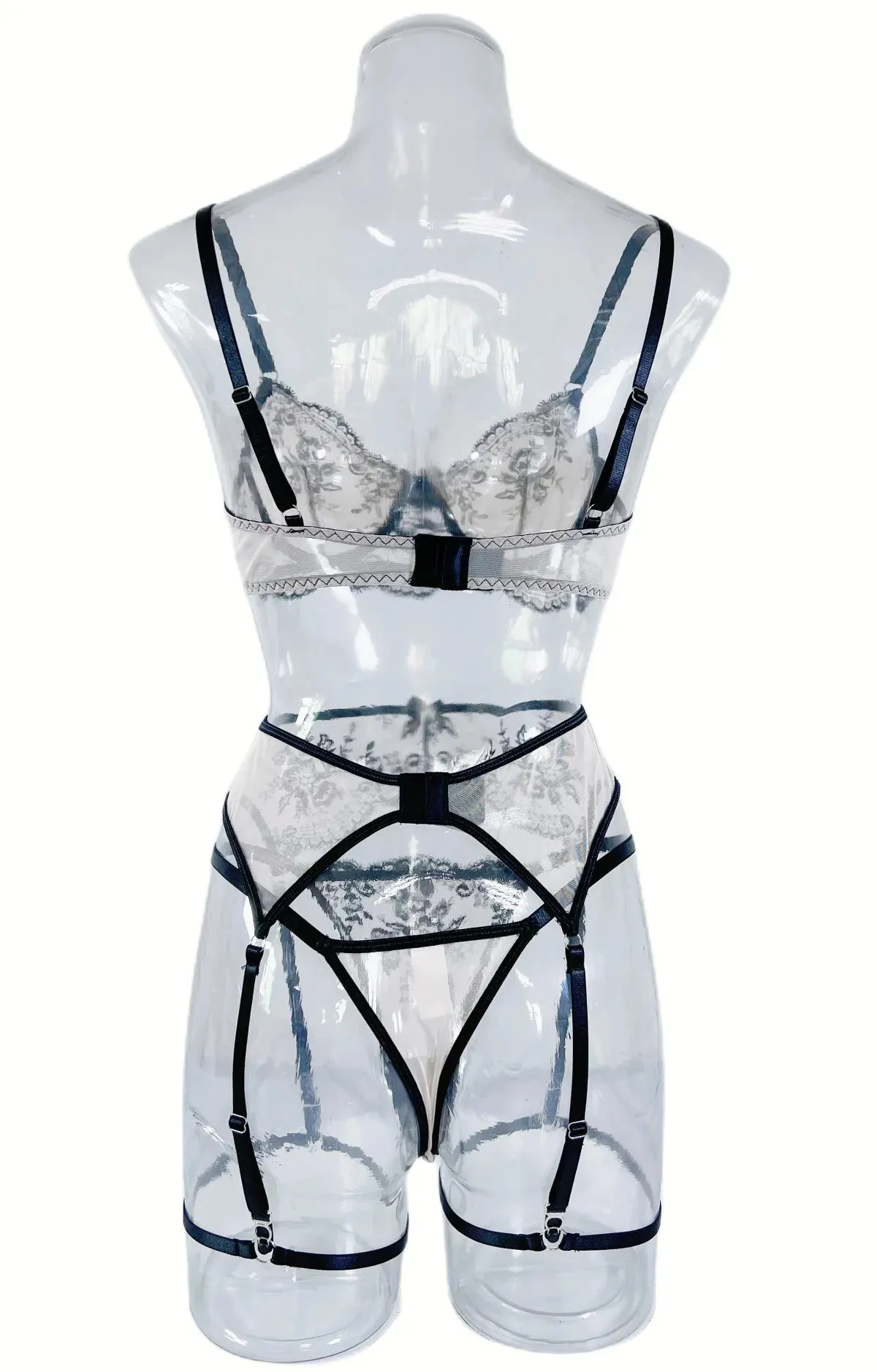 Delicate Lingerie Fancy Lace Underwear 3-Piece Transparent Bra And Panty Set