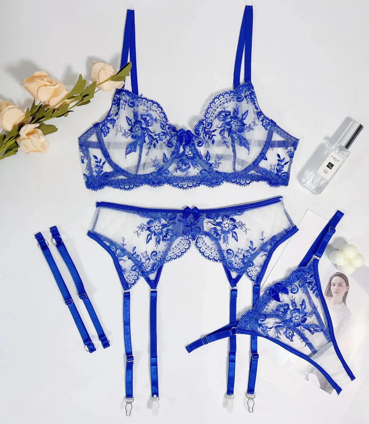 Delicate Lingerie Fancy Lace Underwear 3-Piece Transparent Bra And Panty Set