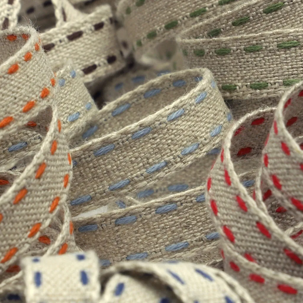 Double Stitched Linen Ribbon #7 Ecru & Light Blue