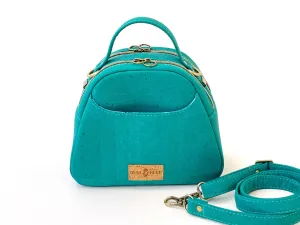 Dual-Compartment Mini Bowler Bag – Crossbody or Handbag – Caribbean Teal Cork with Octopus Print Lining