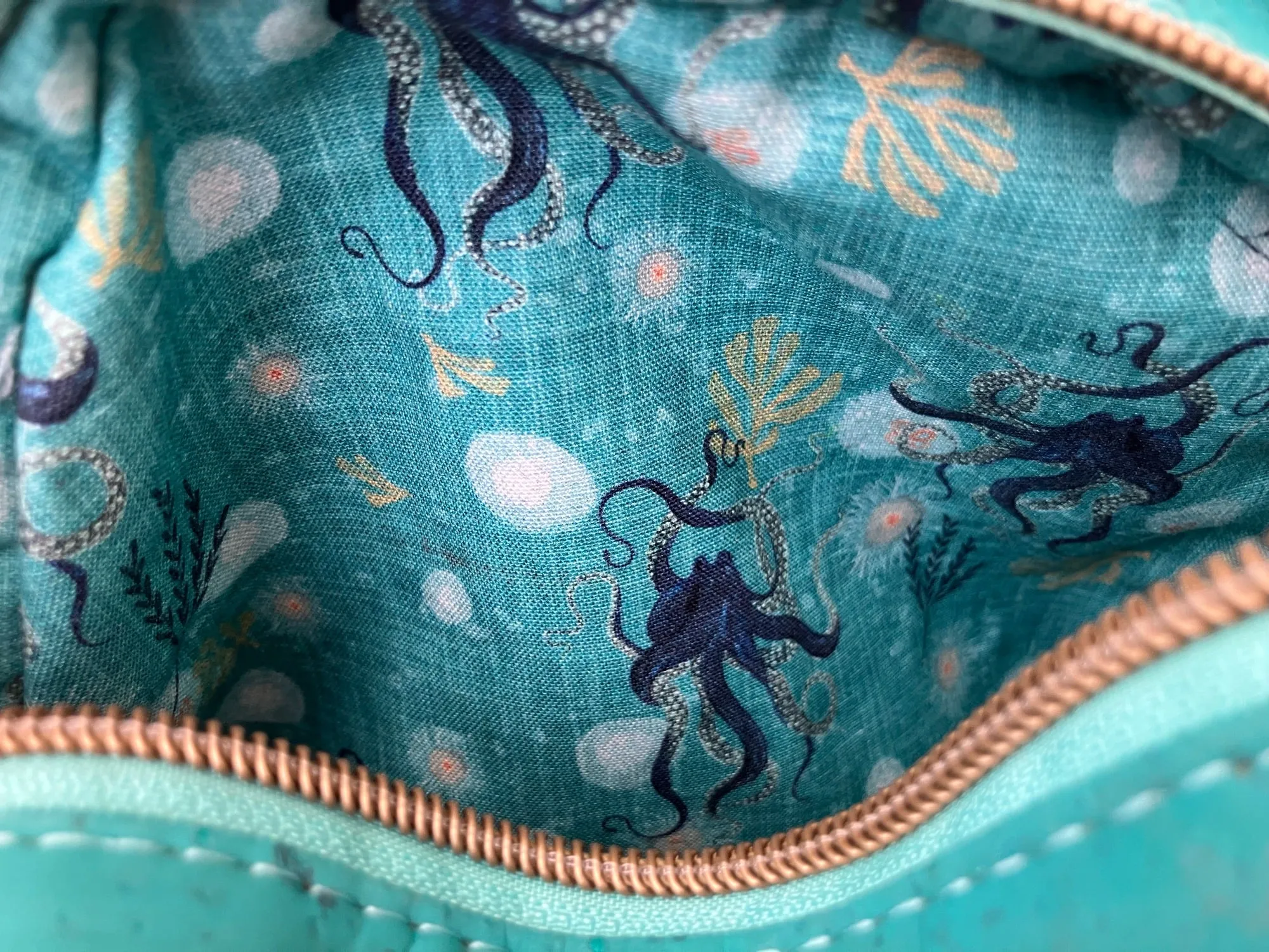 Dual-Compartment Mini Bowler Bag – Crossbody or Handbag – Caribbean Teal Cork with Octopus Print Lining