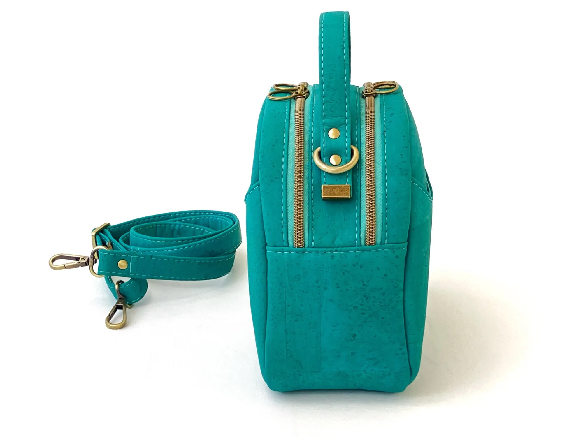 Dual-Compartment Mini Bowler Bag – Crossbody or Handbag – Caribbean Teal Cork with Octopus Print Lining