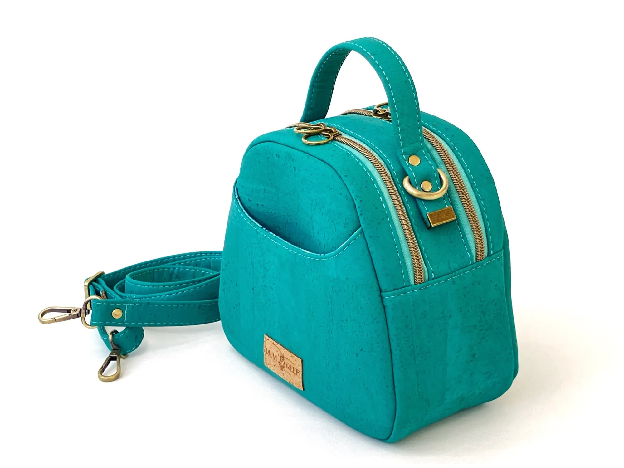 Dual-Compartment Mini Bowler Bag – Crossbody or Handbag – Caribbean Teal Cork with Octopus Print Lining