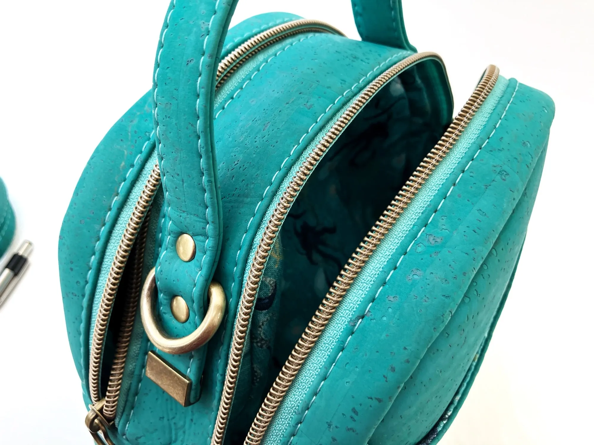 Dual-Compartment Mini Bowler Bag – Crossbody or Handbag – Caribbean Teal Cork with Octopus Print Lining