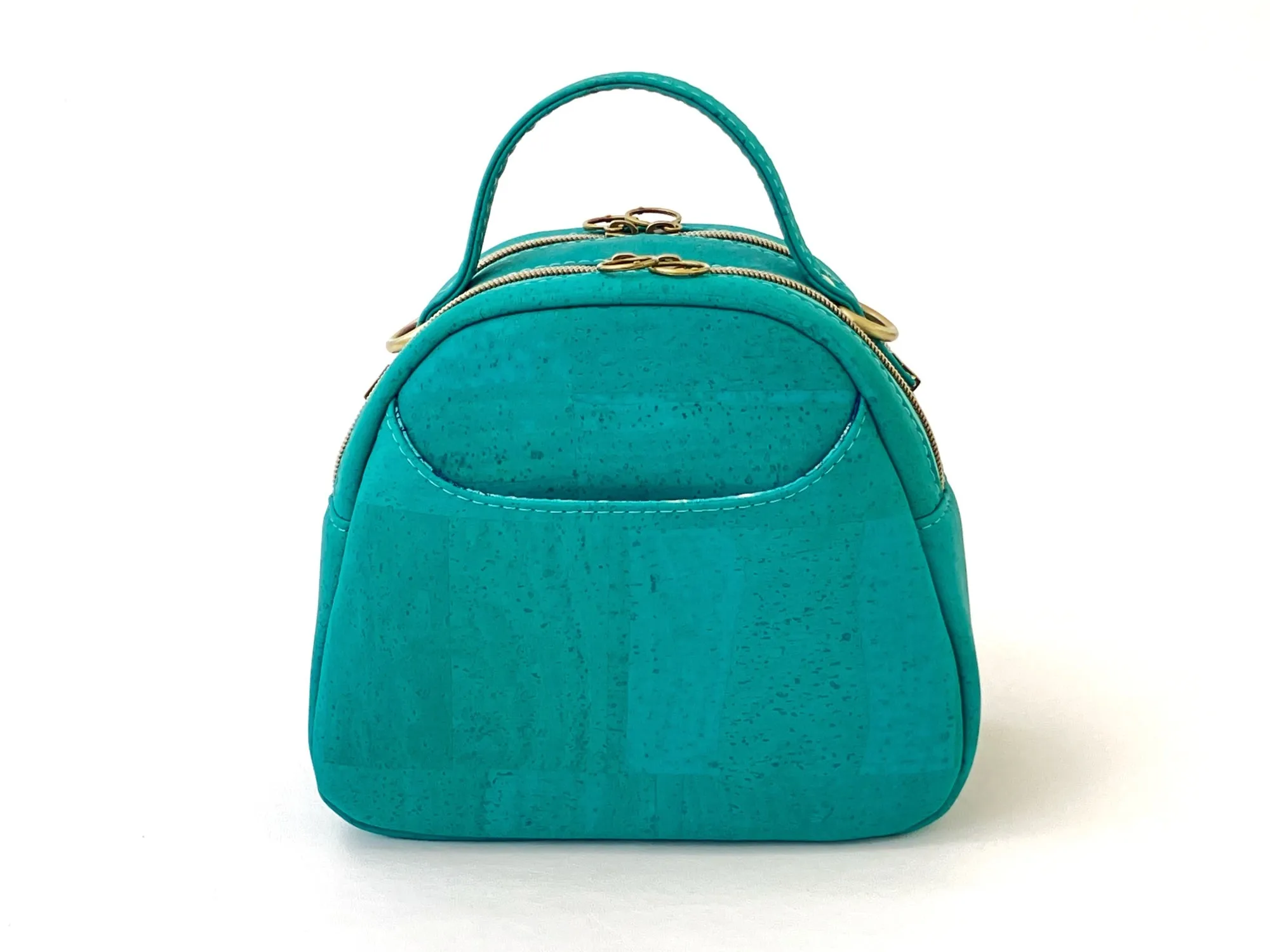 Dual-Compartment Mini Bowler Bag – Crossbody or Handbag – Caribbean Teal Cork with Octopus Print Lining