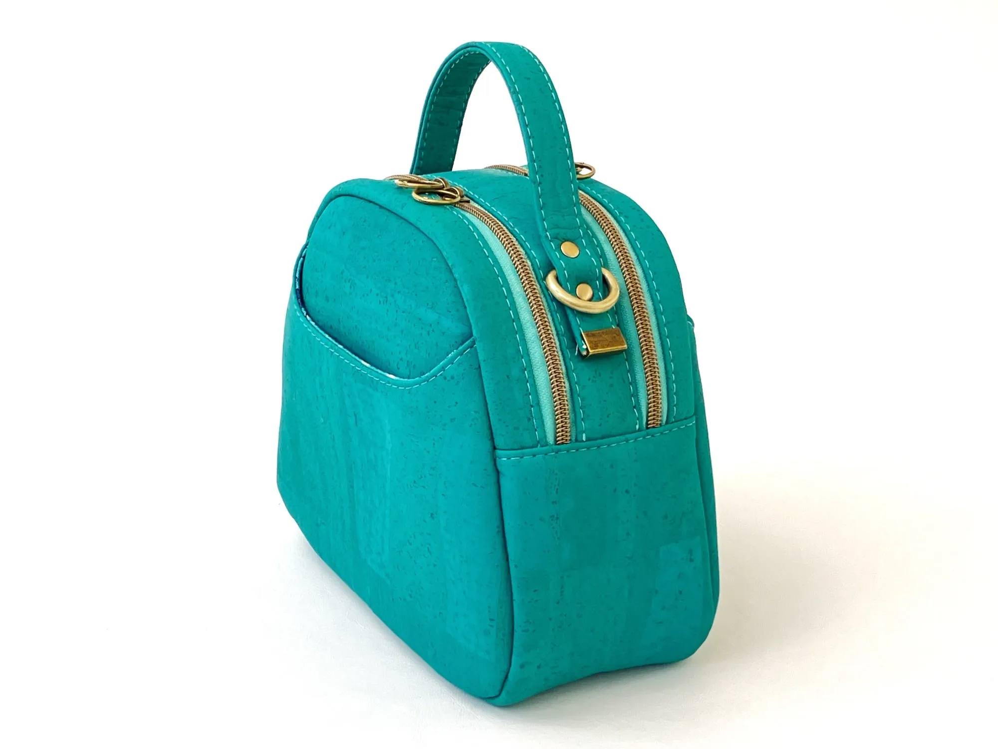 Dual-Compartment Mini Bowler Bag – Crossbody or Handbag – Caribbean Teal Cork with Octopus Print Lining