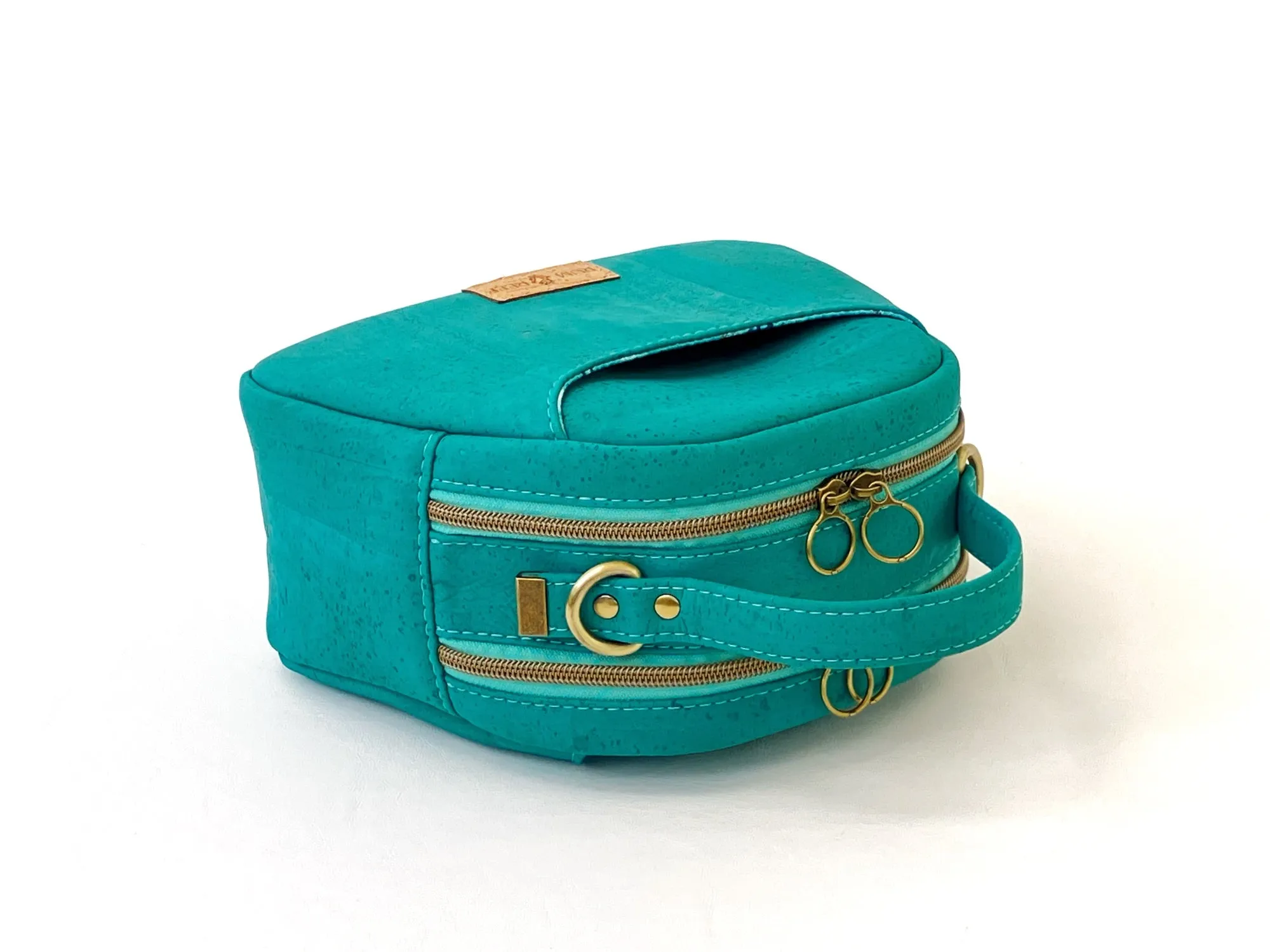 Dual-Compartment Mini Bowler Bag – Crossbody or Handbag – Caribbean Teal Cork with Octopus Print Lining