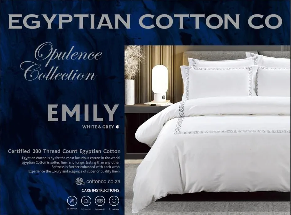 Egyptian Cotton 300 Thread Count Opulence Collection Emily White & Grey Duvet Cover Set