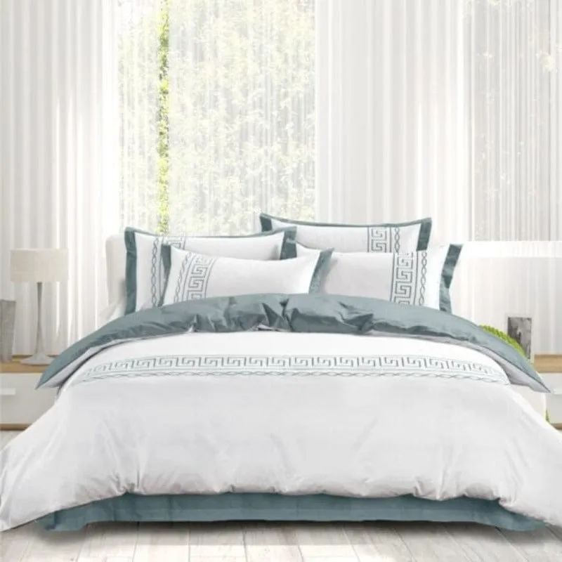 Egyptian Cotton 400 Thread Count  Donatella White & Duck Egg Duvet Cover Set