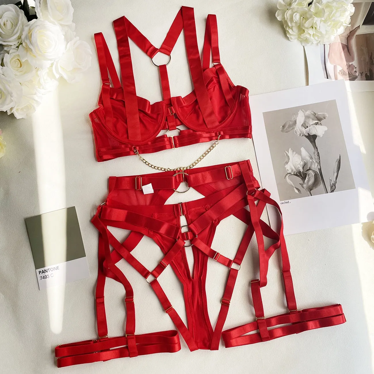 Ellolace Fine Lingerie Sexy Women's Underwear Sexy Lingerie 3-Pieces Garter Bra And Panty Set Luxury Erotic Outfit Seamless Intimate