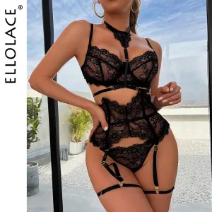Ellolace Underwear Sexy Lingerie 3-Pieces Transparent Bra Lace Suit Sexy Garter Belt With Stockings Woman Erotic Intimate