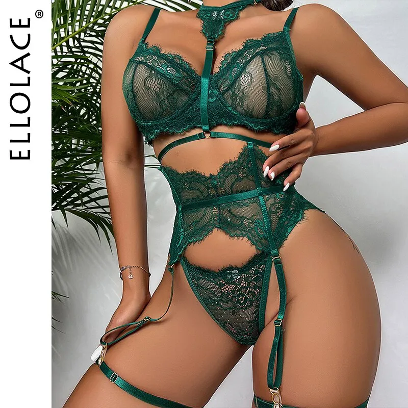 Ellolace Underwear Sexy Lingerie 3-Pieces Transparent Bra Lace Suit Sexy Garter Belt With Stockings Woman Erotic Intimate