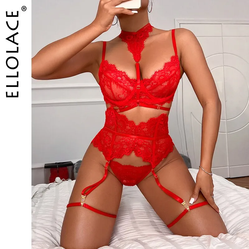 Ellolace Underwear Sexy Lingerie 3-Pieces Transparent Bra Lace Suit Sexy Garter Belt With Stockings Woman Erotic Intimate