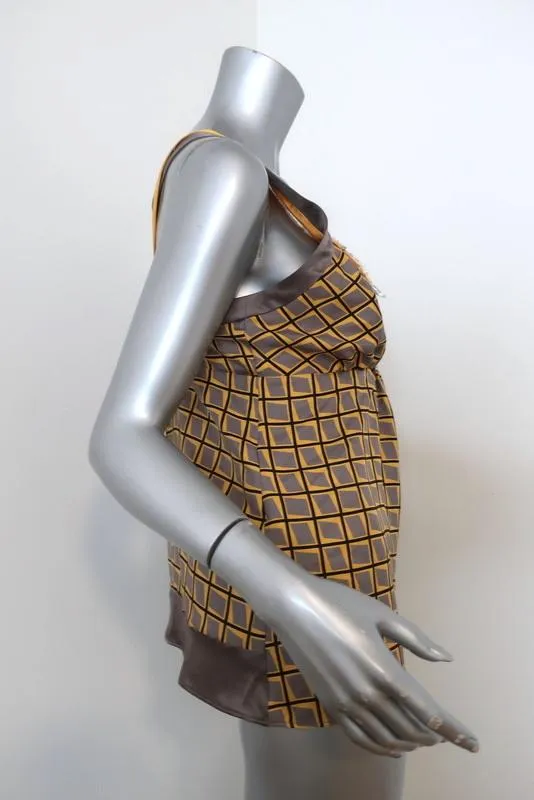 Etro Beaded Tank Yellow/Gray Printed Silk Twill Size 44 Crisscross-Strap Top