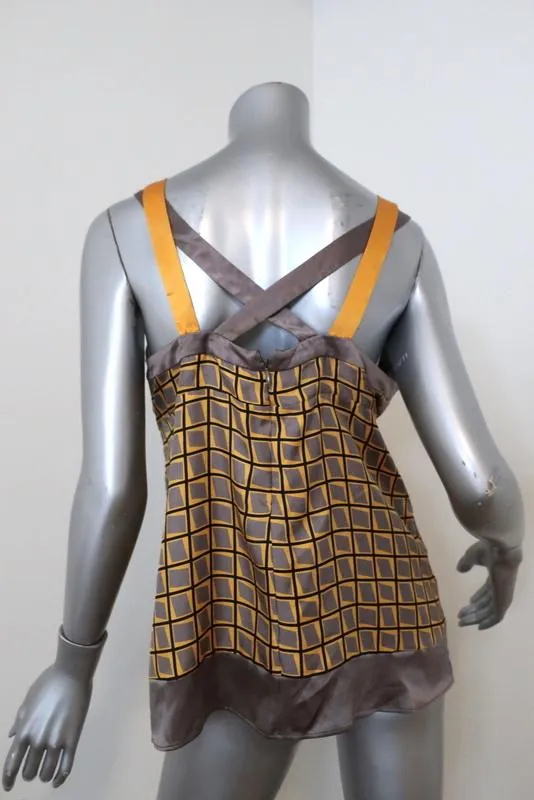 Etro Beaded Tank Yellow/Gray Printed Silk Twill Size 44 Crisscross-Strap Top