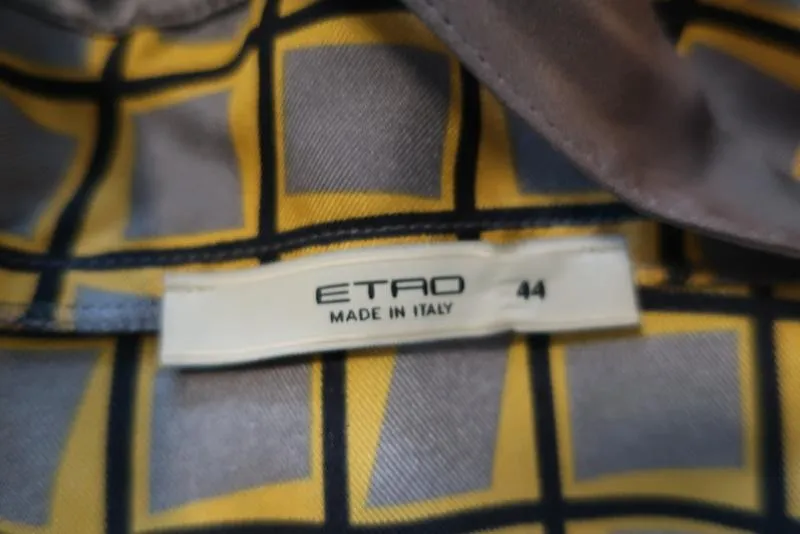 Etro Beaded Tank Yellow/Gray Printed Silk Twill Size 44 Crisscross-Strap Top