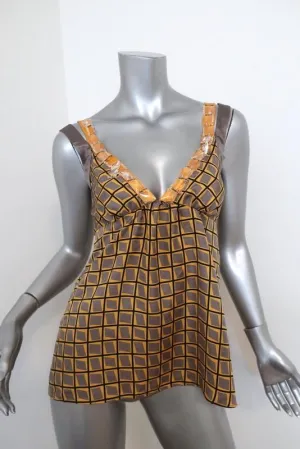 Etro Beaded Tank Yellow/Gray Printed Silk Twill Size 44 Crisscross-Strap Top
