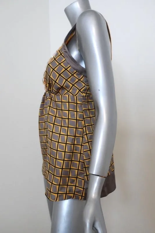 Etro Beaded Tank Yellow/Gray Printed Silk Twill Size 44 Crisscross-Strap Top