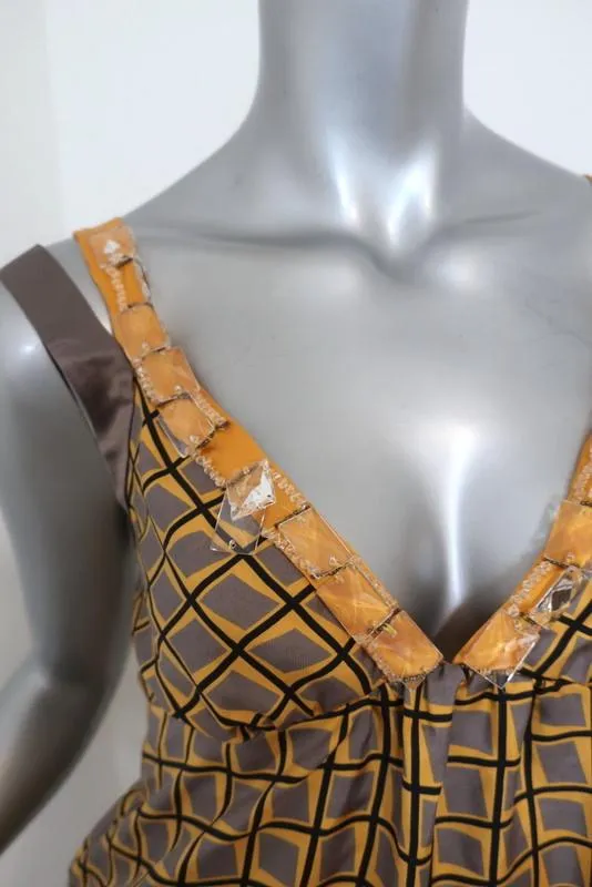 Etro Beaded Tank Yellow/Gray Printed Silk Twill Size 44 Crisscross-Strap Top