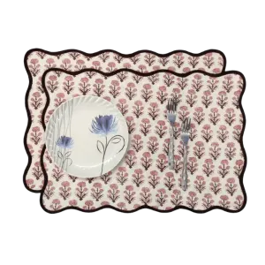 Floral Block Printed Scallop Cotton Placemats and Napkins