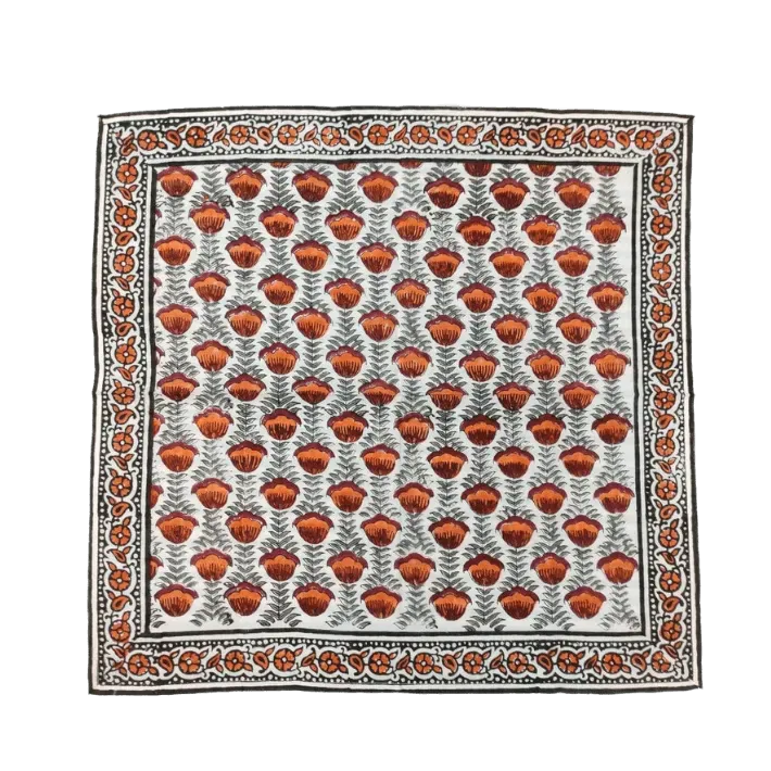 Floral Block Printed Scallop Cotton Placemats and Napkins