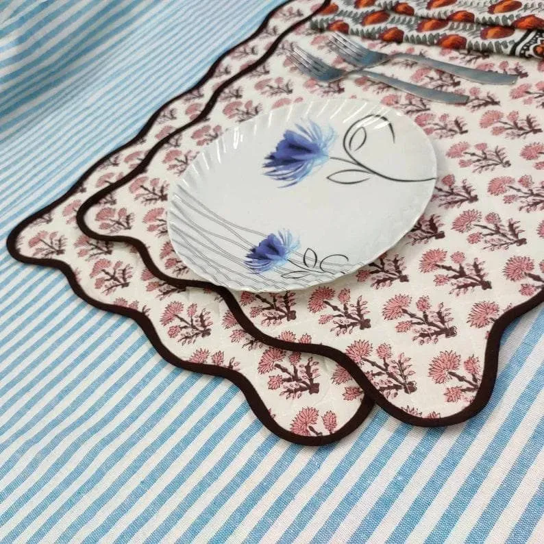 Floral Block Printed Scallop Cotton Placemats and Napkins