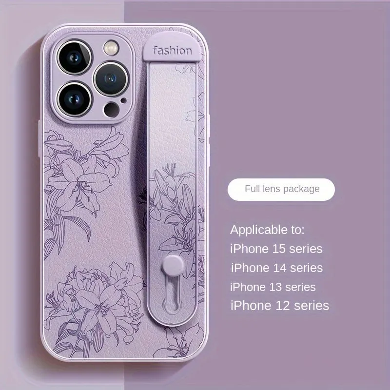 Floral Print Phone Case with Wrist Strap for iPhone 15/14/13/12 Pro Max Series - Elegant Lily Pattern, High-End Anti-Scratch and Drop-Proof Cover with Bracket Feature