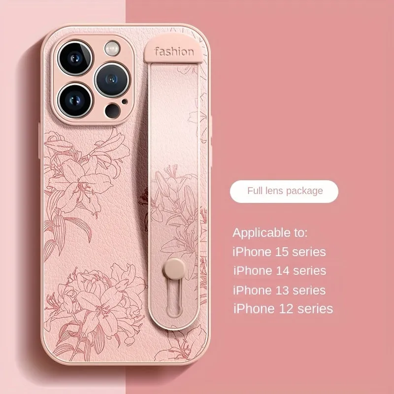 Floral Print Phone Case with Wrist Strap for iPhone 15/14/13/12 Pro Max Series - Elegant Lily Pattern, High-End Anti-Scratch and Drop-Proof Cover with Bracket Feature