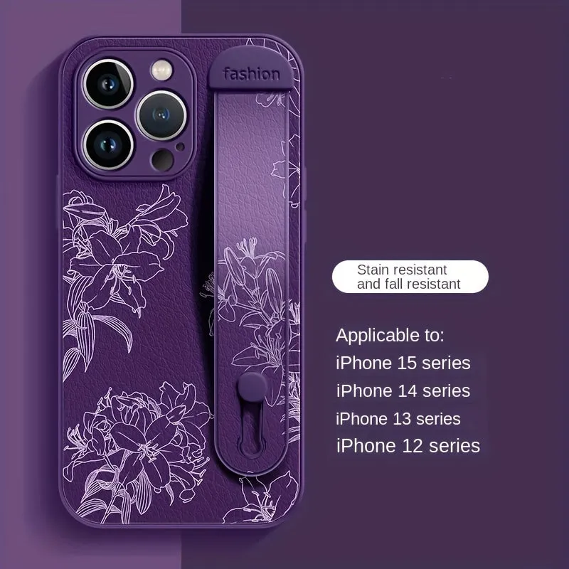 Floral Print Phone Case with Wrist Strap for iPhone 15/14/13/12 Pro Max Series - Elegant Lily Pattern, High-End Anti-Scratch and Drop-Proof Cover with Bracket Feature