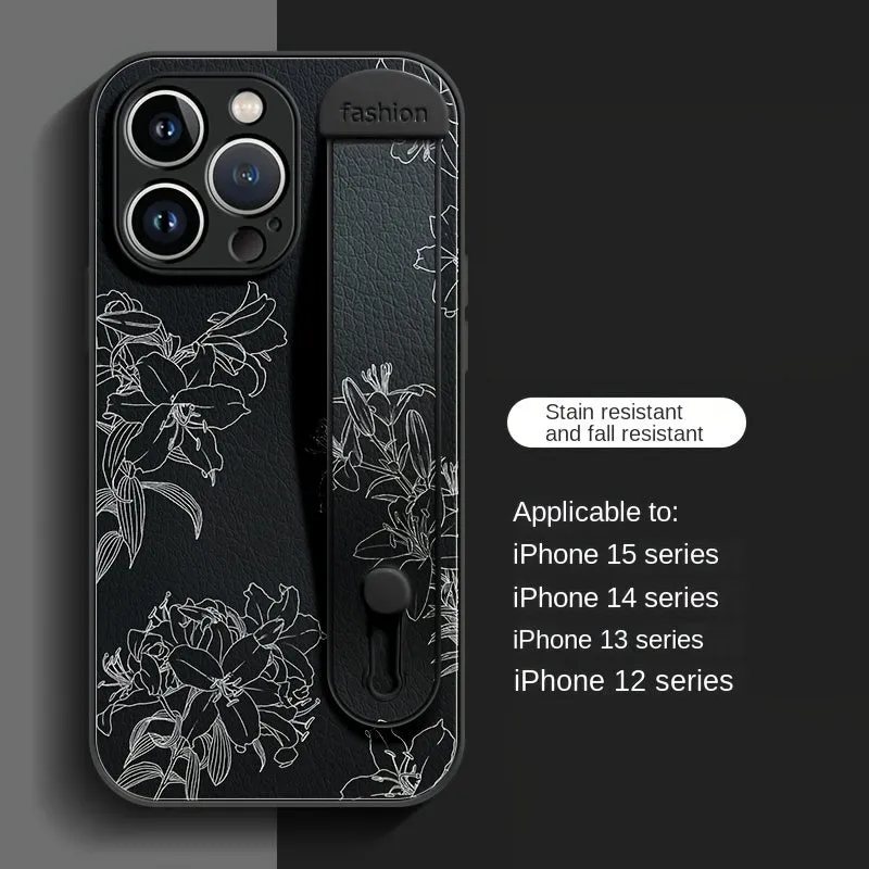 Floral Print Phone Case with Wrist Strap for iPhone 15/14/13/12 Pro Max Series - Elegant Lily Pattern, High-End Anti-Scratch and Drop-Proof Cover with Bracket Feature