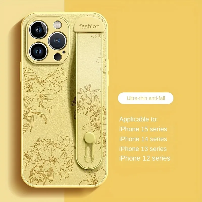Floral Print Phone Case with Wrist Strap for iPhone 15/14/13/12 Pro Max Series - Elegant Lily Pattern, High-End Anti-Scratch and Drop-Proof Cover with Bracket Feature