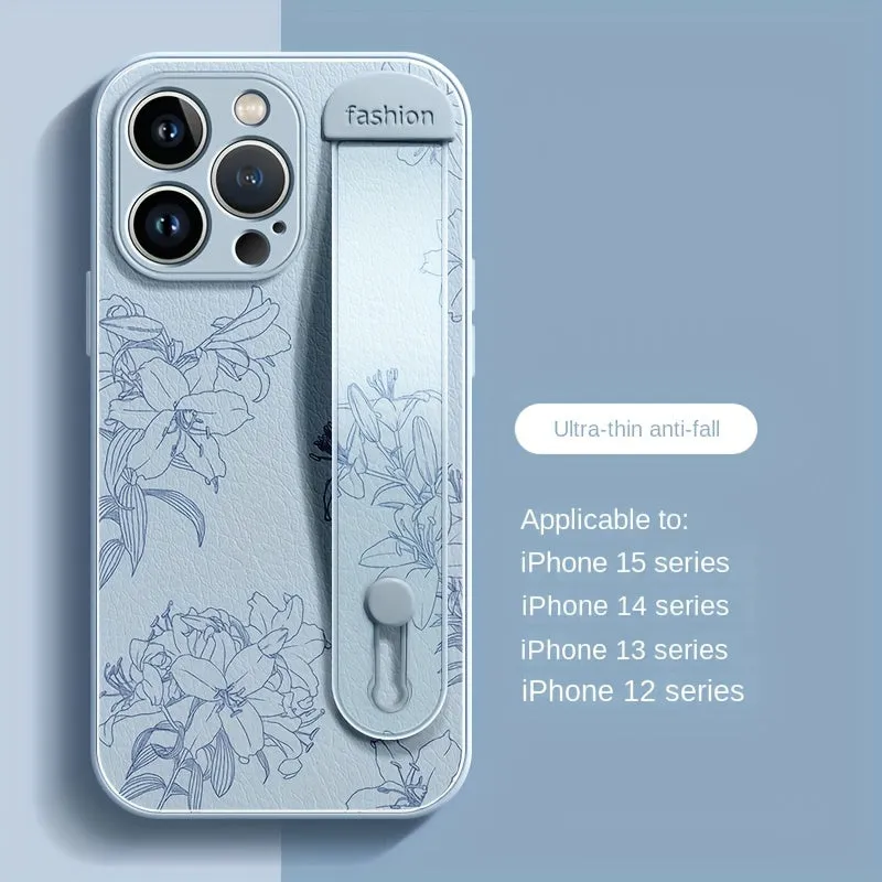 Floral Print Phone Case with Wrist Strap for iPhone 15/14/13/12 Pro Max Series - Elegant Lily Pattern, High-End Anti-Scratch and Drop-Proof Cover with Bracket Feature