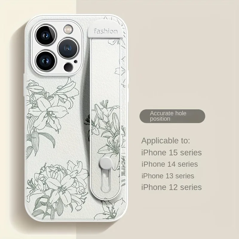 Floral Print Phone Case with Wrist Strap for iPhone 15/14/13/12 Pro Max Series - Elegant Lily Pattern, High-End Anti-Scratch and Drop-Proof Cover with Bracket Feature