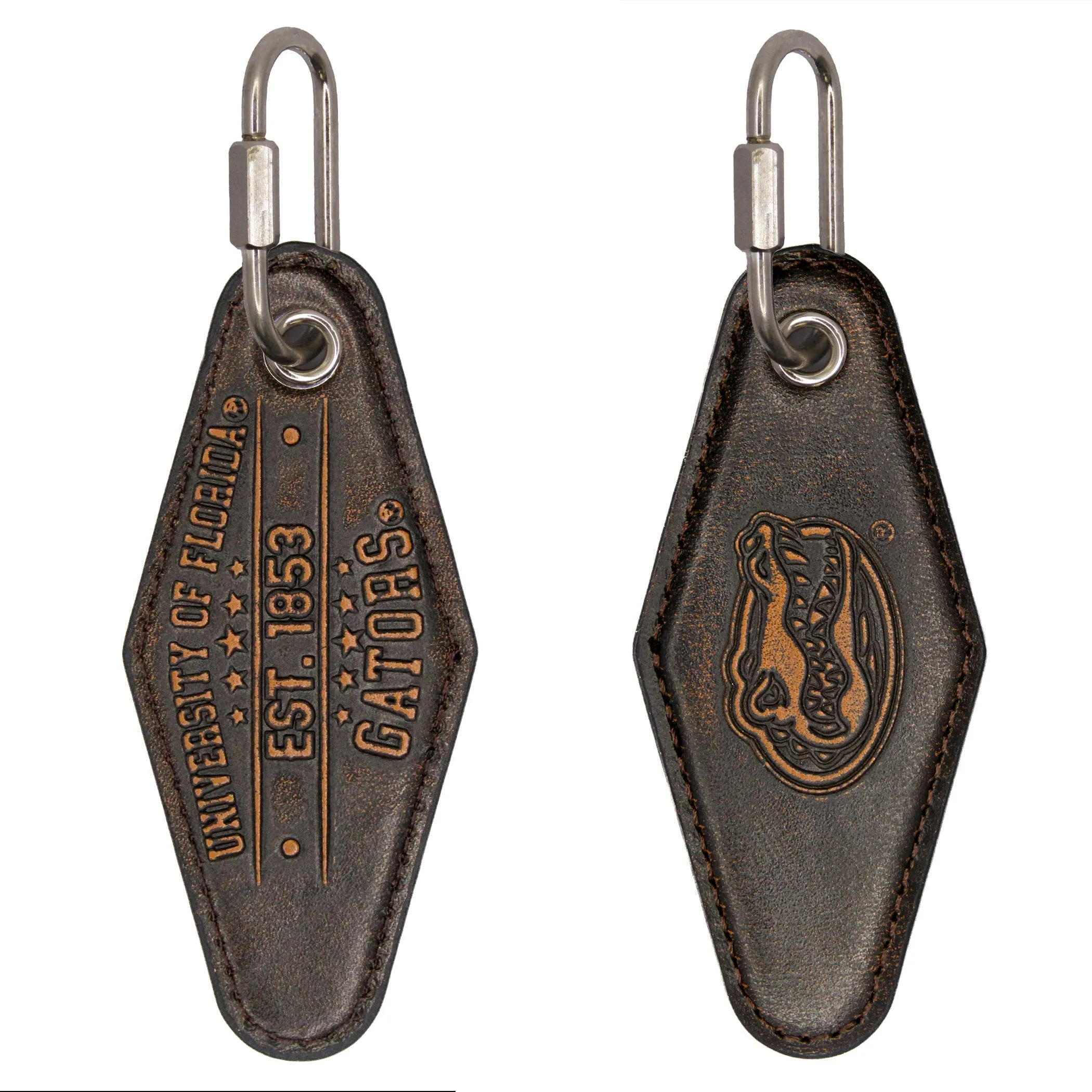 Florida Gators Collegiate Vintage Full Grain Leather Key Fob. Brown Burnished and Tan Embossed Key Ring.