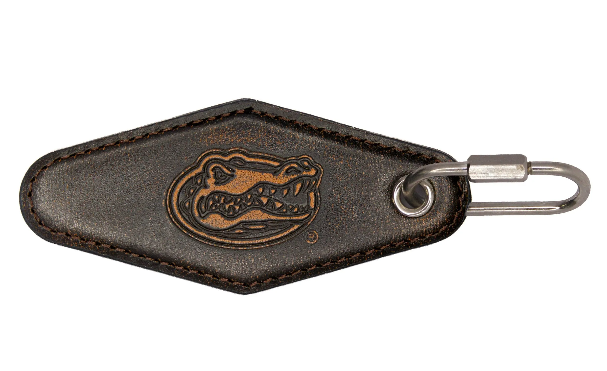 Florida Gators Collegiate Vintage Full Grain Leather Key Fob. Brown Burnished and Tan Embossed Key Ring.