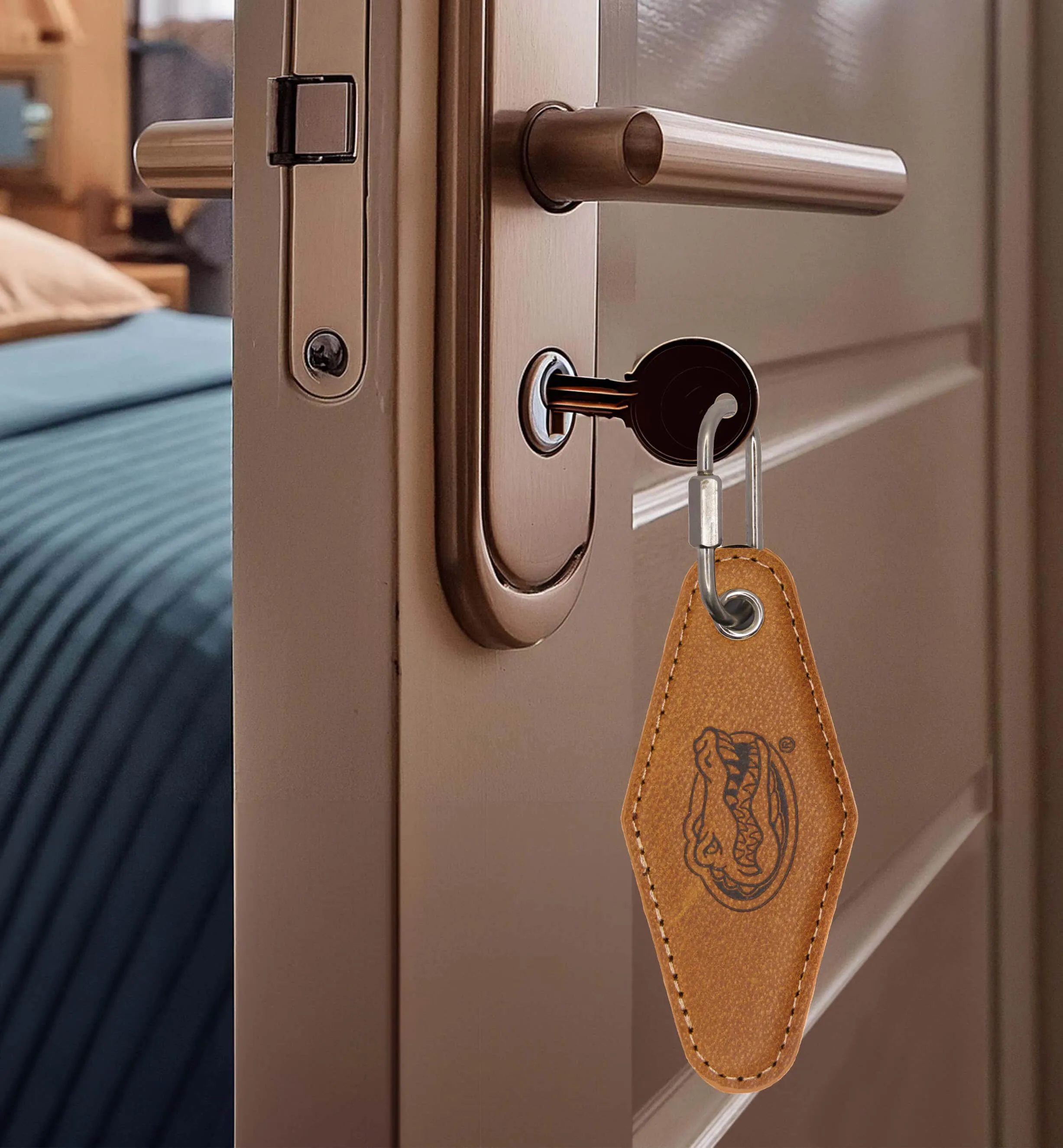 Florida Gators Collegiate Vintage Full Grain Leather Key Fob. Brown Burnished and Tan Embossed Key Ring.