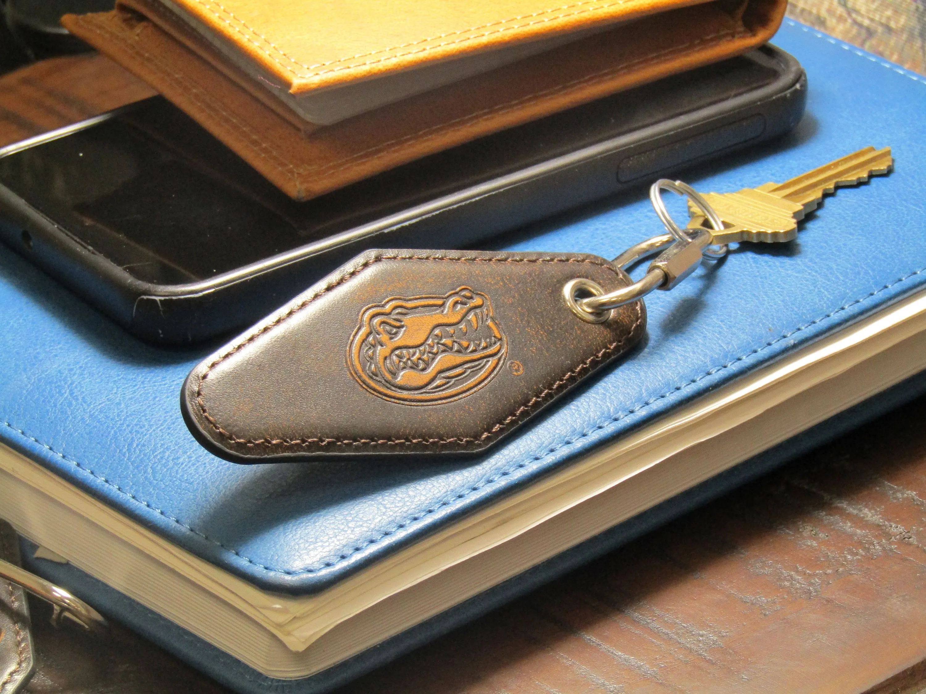 Florida Gators Collegiate Vintage Full Grain Leather Key Fob. Brown Burnished and Tan Embossed Key Ring.