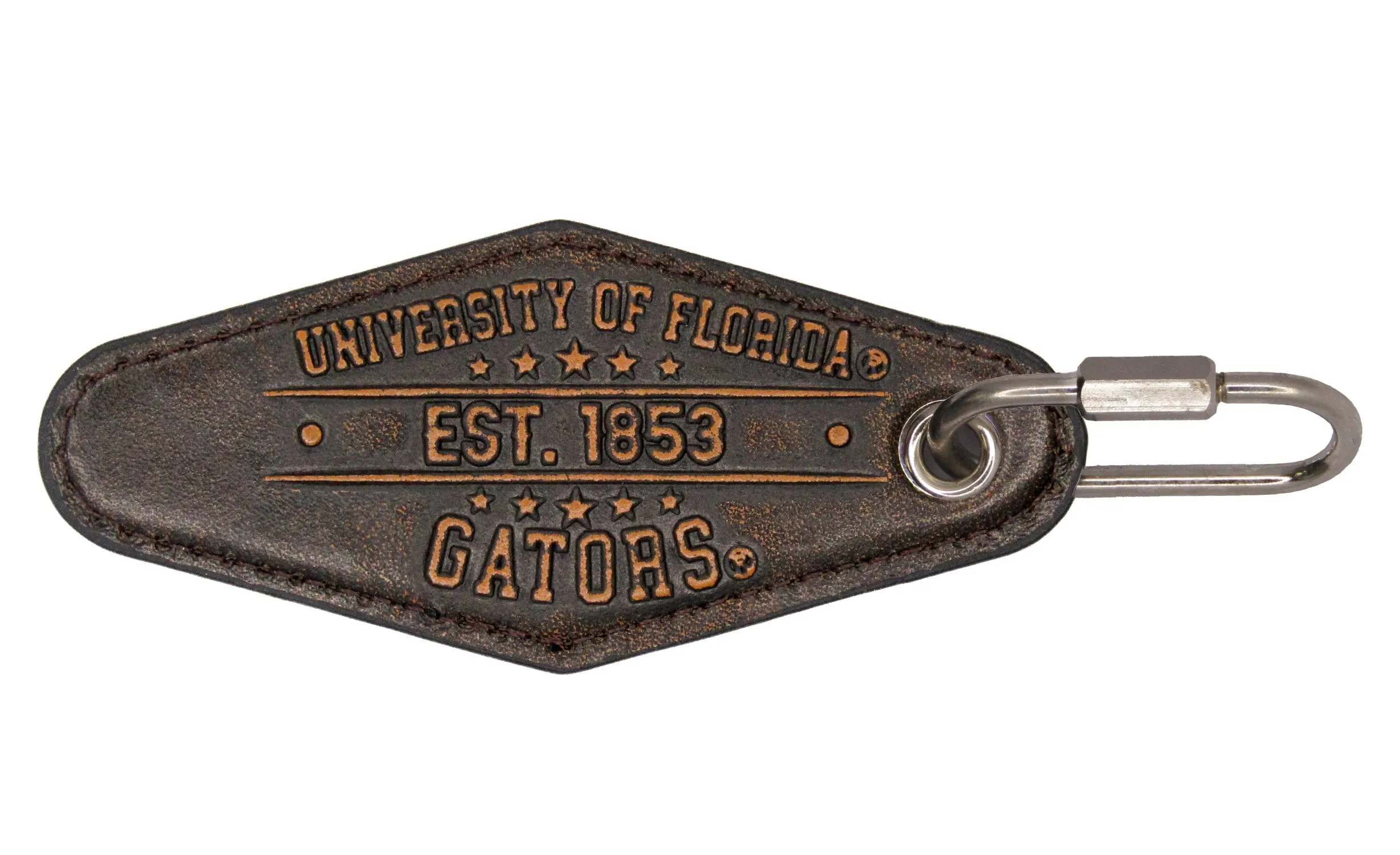 Florida Gators Collegiate Vintage Full Grain Leather Key Fob. Brown Burnished and Tan Embossed Key Ring.