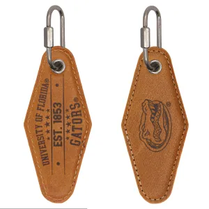 Florida Gators Collegiate Vintage Full Grain Leather Key Fob. Brown Burnished and Tan Embossed Key Ring.