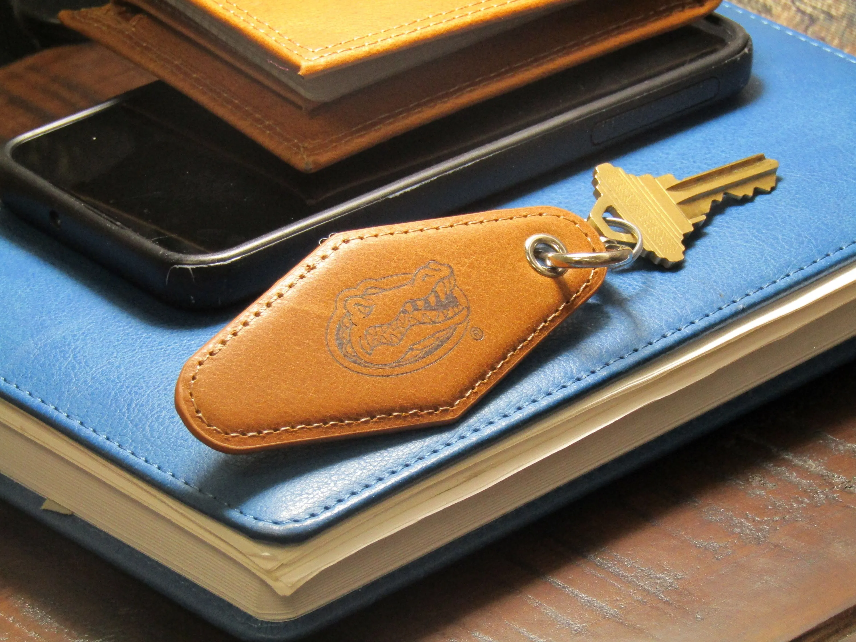 Florida Gators Collegiate Vintage Full Grain Leather Key Fob. Brown Burnished and Tan Embossed Key Ring.